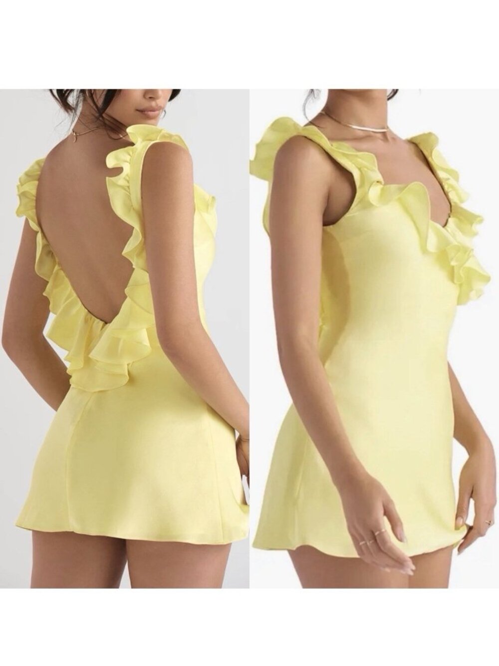Finesse Silky Satin Yellow Mini Dress Small Open Back Ruffles Sexy Short Zip C1